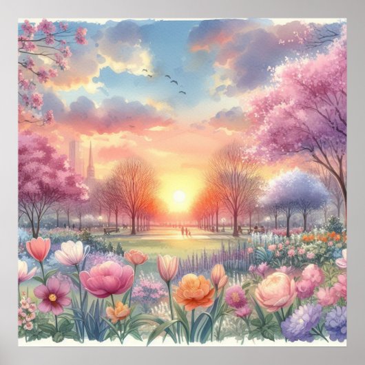 花が咲く公園での日の出 パステル水彩画 ポスター (正面)