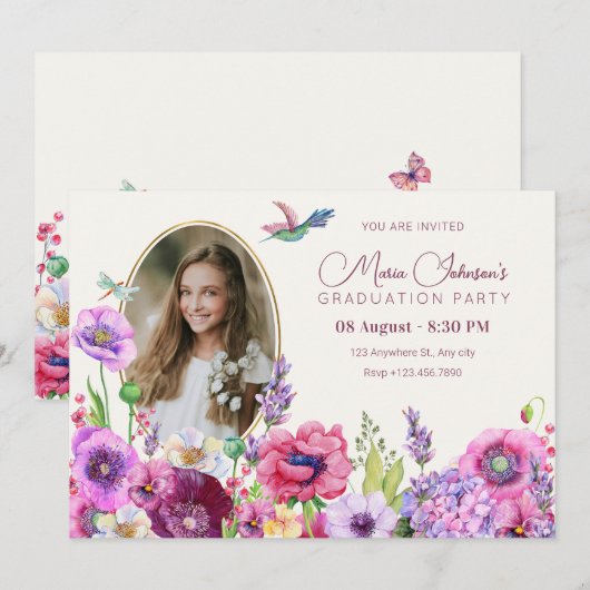 花が咲く写真 卒業 招待状 (正面/裏面)