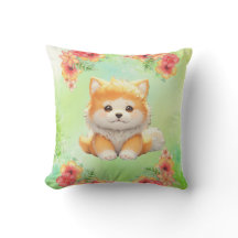 花が咲く居心地の良い子犬ウォーターカラーアート