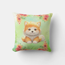 花が咲く居心地の良い子犬ウォーターカラーアート クッション