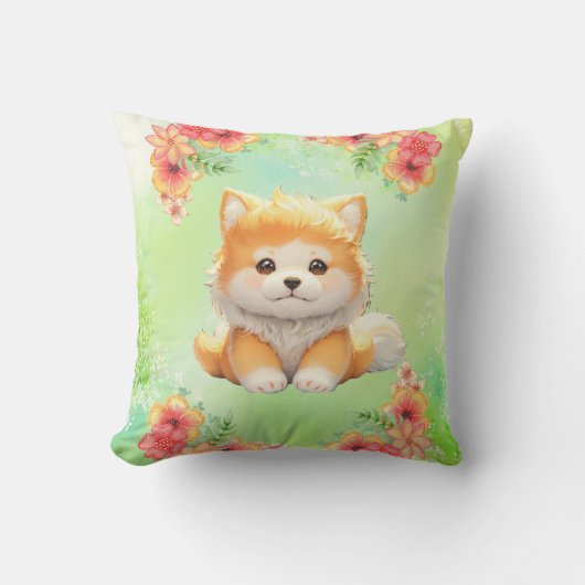 花が咲く居心地の良い子犬ウォーターカラーアート クッション (正面)