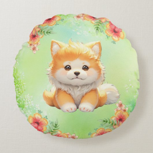 花が咲く居心地の良い子犬ウォーターカラーアート ラウンドクッション (正面)