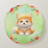 花が咲く居心地の良い子犬ウォーターカラーアート ラウンドクッション (裏面)