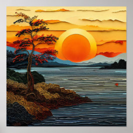 花が咲く川の上の美しい夕日 ポスター