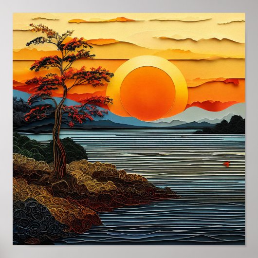 花が咲く川の上の美しい夕日 ポスター (正面)