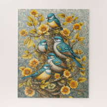 花が咲く木に青と白の鳥が4羽