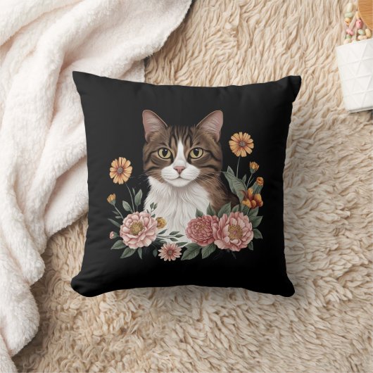 花が咲く甘いタビー猫 クッション (ブランケット)
