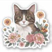 花が咲く甘いタビー猫 シール (正面)