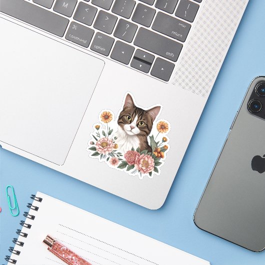 花が咲く甘いタビー猫 シール (ノートパソコンとiPhone)