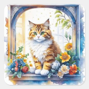 花が咲く窓の中の猫 スクエアシール