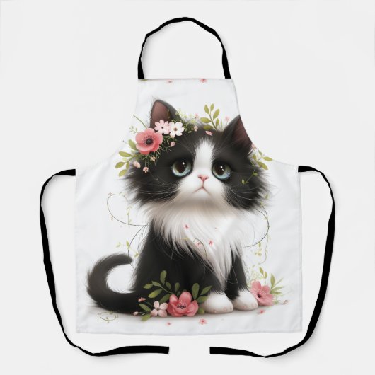 花が咲く素敵なタキシードの子猫 エプロン (正面)