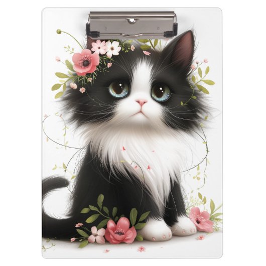 花が咲く素敵なタキシードの子猫 クリップボード (正面)