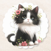 花が咲く素敵なタキシードの子猫 ペーパーコースター (正面)