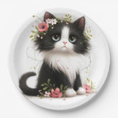 花が咲く素敵なタキシードの子猫 ペーパープレート (正面)