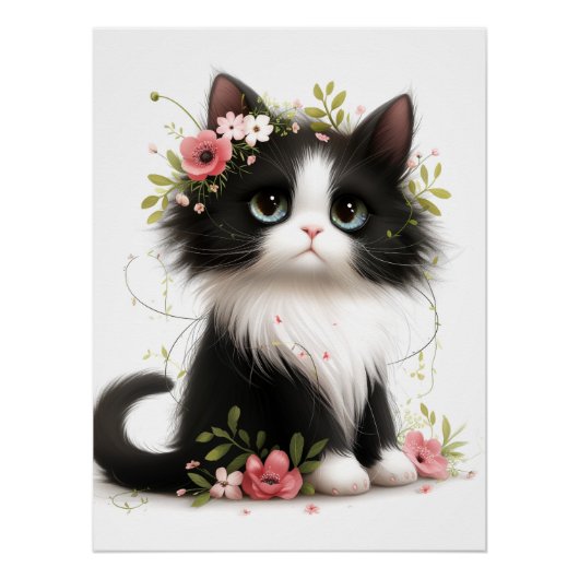 花が咲く素敵なタキシードの子猫 ポスター (正面)
