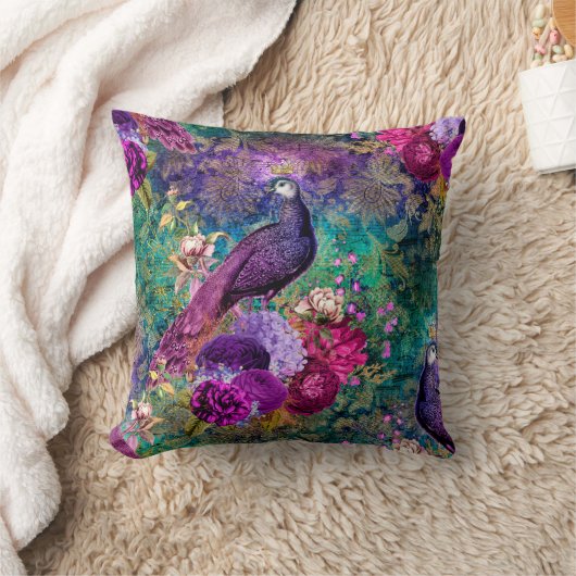 花が咲く紫の冠のついた孔雀 クッション (ブランケット)