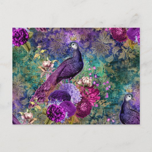 花が咲く紫の冠のついた孔雀 ポストカード (正面)