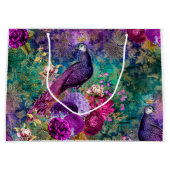 花が咲く紫の冠のついた孔雀 ラージペーパーバッグ (正面)