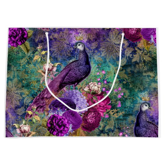 花が咲く紫の冠のついた孔雀 ラージペーパーバッグ (正面)