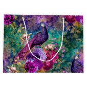 花が咲く紫の冠のついた孔雀 ラージペーパーバッグ (裏面)