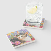 花が咲く美しい猫 ストーンコースター (横)