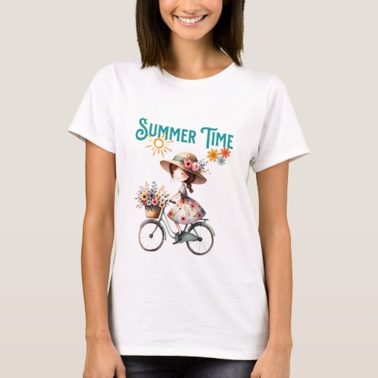 花が咲く自転車の女の子夏 Tシャツ (正面)