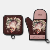 花が咲く鶏の雌鶏バーガンディーピンク 鍋つかみ&鍋敷きセット (正面)