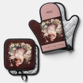 花が咲く鶏の雌鶏バーガンディーピンク 鍋つかみ&鍋敷きセット (正面/裏面)