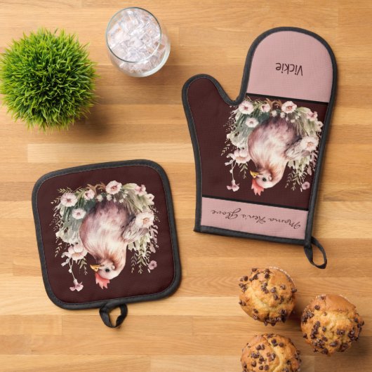 花が咲く鶏の雌鶏バーガンディーピンク 鍋つかみ&鍋敷きセット (トップダウン)