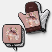 花が咲く鶏の雌鶏バーガンディーピンク 鍋つかみ&鍋敷きセット (正面/裏面)