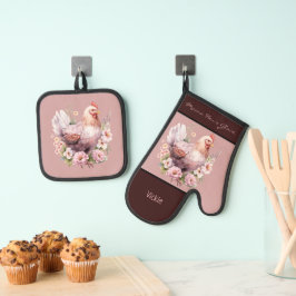 花が咲く鶏の雌鶏バーガンディーピンク 鍋つかみ&鍋敷きセット