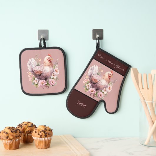 花が咲く鶏の雌鶏バーガンディーピンク 鍋つかみ&鍋敷きセット (インサイチュ (吊り下げ))