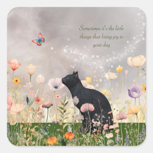 花が咲く黒猫 スクエアシール (正面)