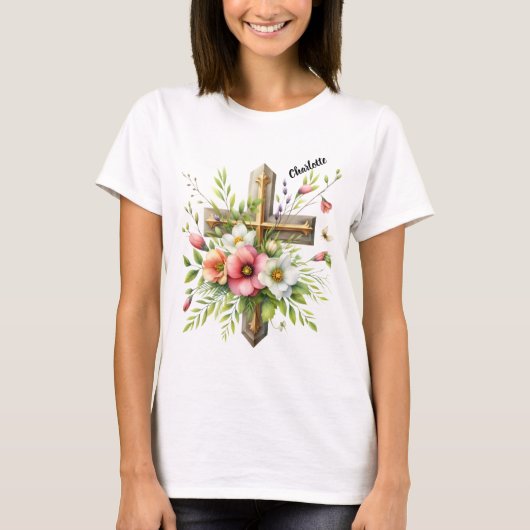 花が彩る春の華やかなキリスト教の十字架 Tシャツ (正面)