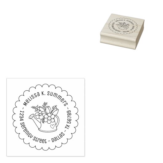 花が点在する庭の散水缶 ラバースタンプ (押印)