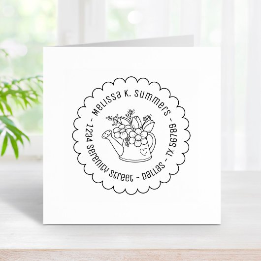 花が点在する庭の散水缶 ラバースタンプ