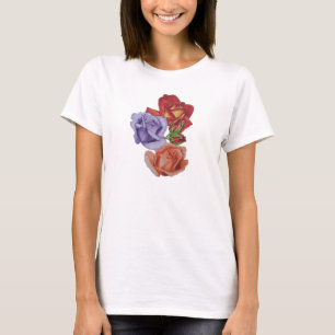 花が赤かわいらしいバラとバラの芽のフローラ Tシャツ
