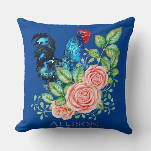 花が青い鶏 クッション (正面)