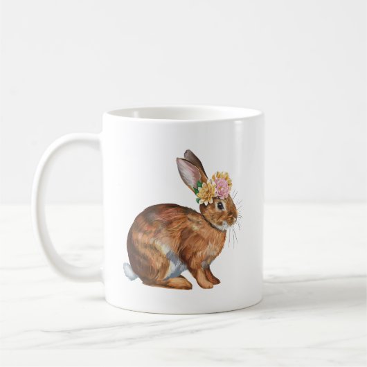 花が頭に咲くイースターバニーウサギ コーヒーマグカップ (左)