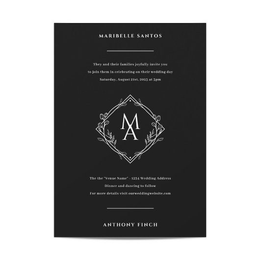 花が黒いダイヤモンド結婚モノグラム 招待状