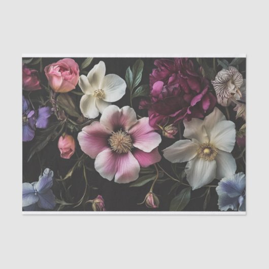 花が黒い背景の詳細デクページ 薄葉紙 (正面)