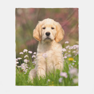 花でかわいいゴールデン·リトリーバー犬の子犬 フリースブランケット