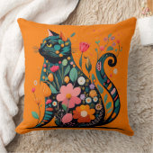 花で作った黒猫シルエットカラフル クッション (ブランケット)