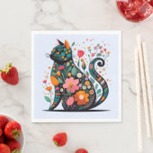 花で作った黒猫シルエットカラフル スタンダードランチョンナプキン (インサイチュ)