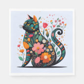 花で作った黒猫シルエットカラフル スタンダードランチョンナプキン (正面)