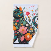 花で作った黒猫シルエットカラフル バスタオルセット (ハンドタオル)