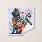 花で作った黒猫シルエットカラフル バスタオルセット (ウォッシュタオル)