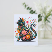 花で作った黒猫シルエットカラフル ポストカード (スタンド正面)