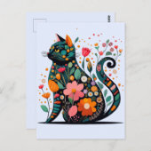 花で作った黒猫シルエットカラフル ポストカード (正面/裏面)