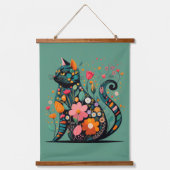 花で作った黒猫シルエットカラフル 吊り下げ型タペストリー (正面)